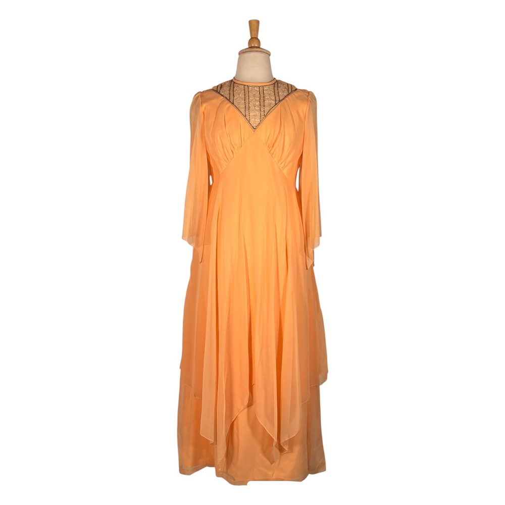 Vintage‎ Emma Domb 70s XL Orange Grecian Gown Fairy Chiffon Beaded Old Hollywood